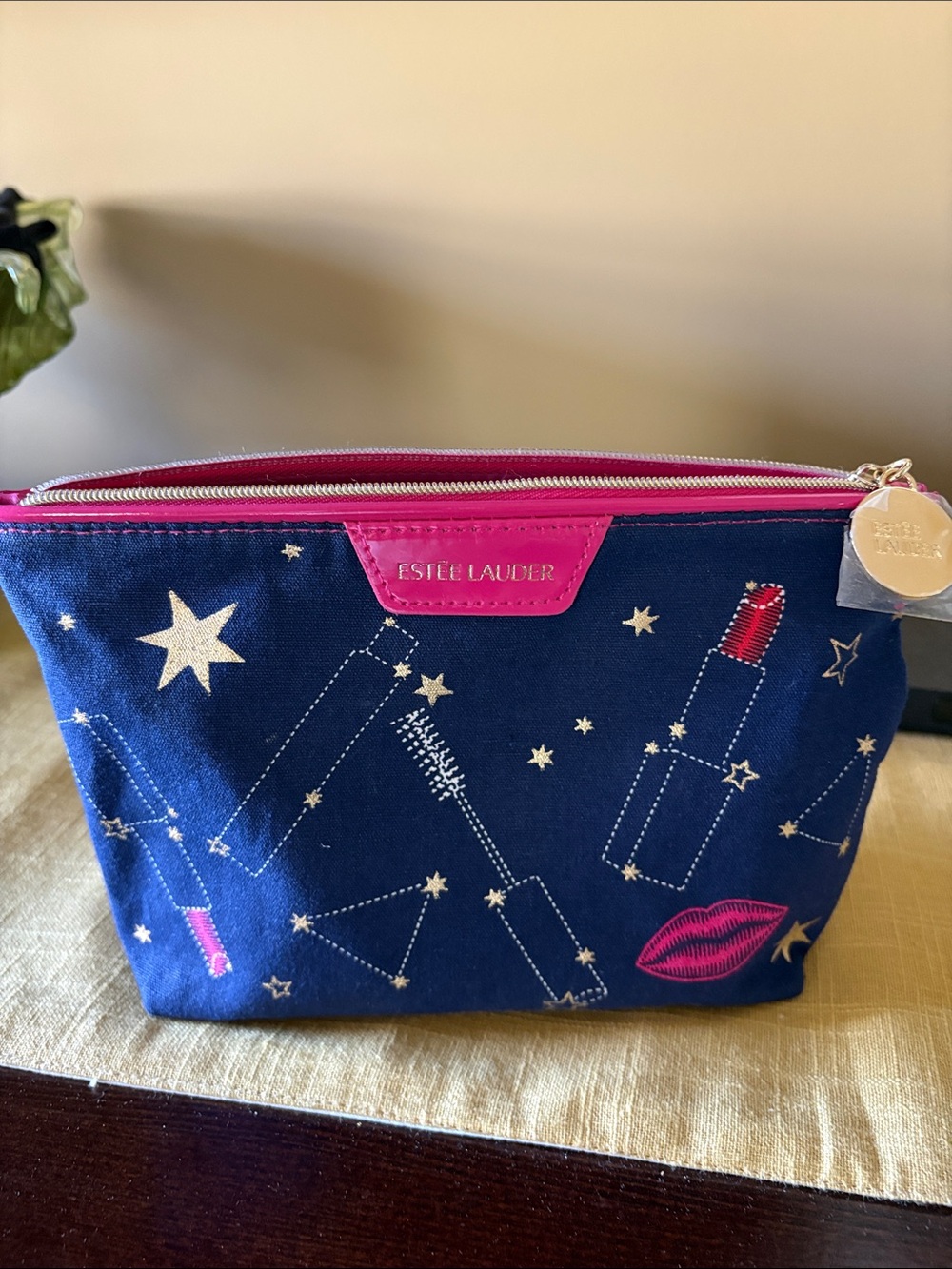 Estee Lauder Navy Cosmetic Pouch with Hot Pink Trim